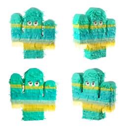 Set with funny cactus shaped pinatas on white background 