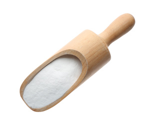 Wooden scoop of baking soda isolated on white