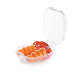 Transparent plastic case with orange ear plugs isolated on white