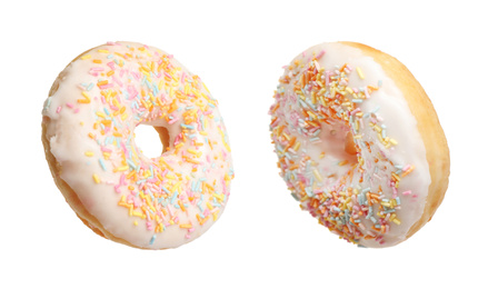 Image of Collage with delicious glazed donuts on white background