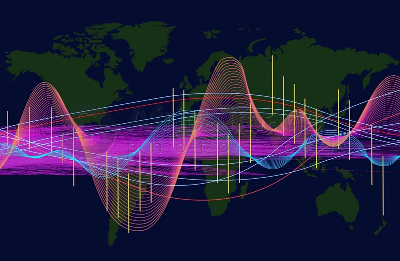 Futuristic dashboard of business analytics information. Digital graphics and world map