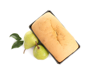 Tasty bread in baking dish and pears isolated on white, top view. Homemade cake