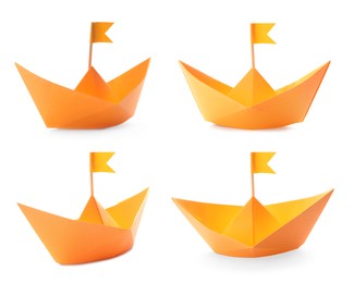 Orange paper boats with flags on white background, collage