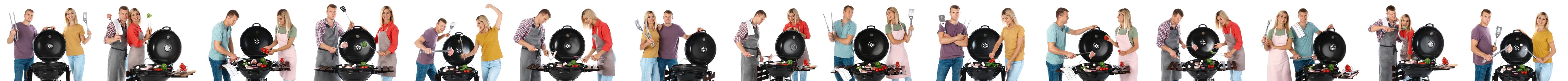 Collage with photos of man and woman cooking on barbecue grill against white background. Banner design