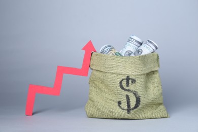 Economic profit. Money bag with banknotes and arrow on light grey background