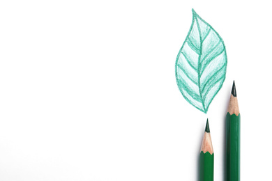 Drawing of green leaf and color pencils on white background, top view