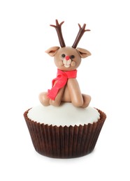 Beautiful Christmas cupcake with reindeer isolated on white