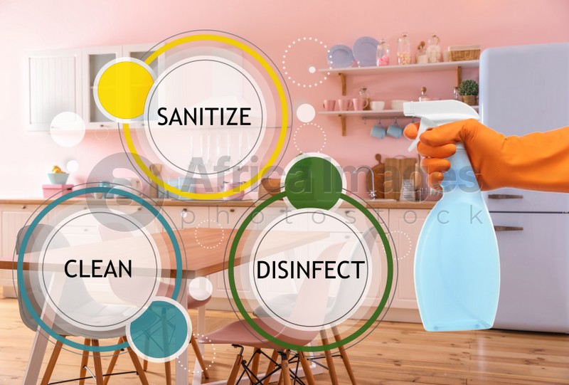 Image of Keep your home virus-free. Woman cleaning kitchen with disinfecting solution
