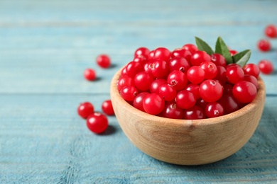 Tasty ripe cranberries on light blue wooden table, closeup. Space for text