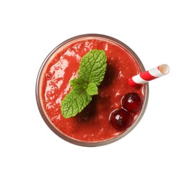 Photo of Glass of tasty redcurrant smoothie isolated on white, top view