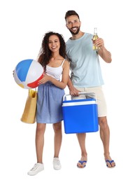 Happy couple with cool box, bottle of beer and beach ball on white background