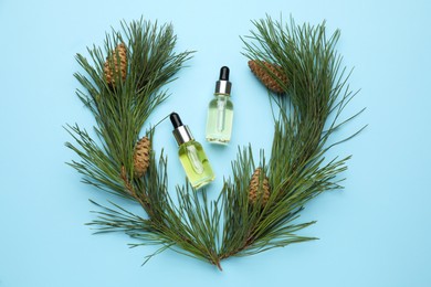 Flat lay composition with essential oil, pine branches and cones on light blue background