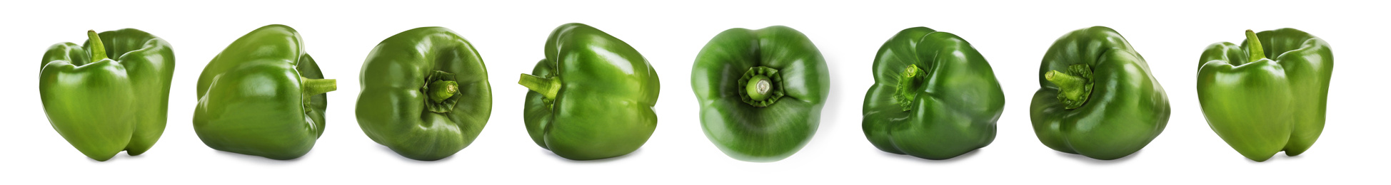 Image of Set of ripe green bell peppers on white background. Banner design