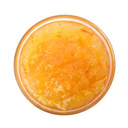 Delicious orange marmalade in bowl on white background, top view