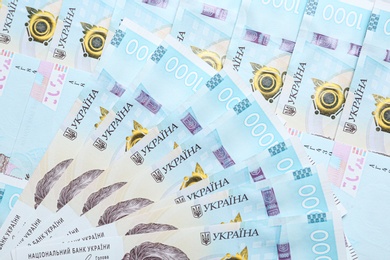 Closeup view of Ukrainian money as background. National currency