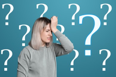 Image of Amnesia concept. Woman trying to remember something. Question marks on light blue background symbolizing memory loss