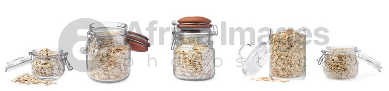 Set with uncooked oatmeal on white background. Banner design
