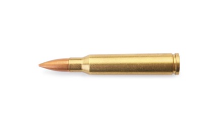 One bullet isolated on white, top view. Military ammunition