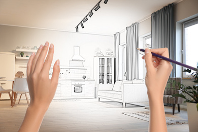 Woman drawing kitchen interior design. Combination of photo and sketch