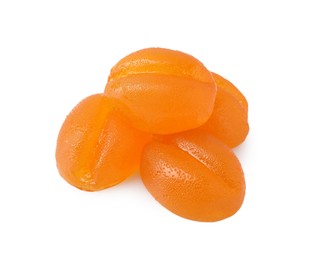Pile of delicious fruity gummy candies on white background