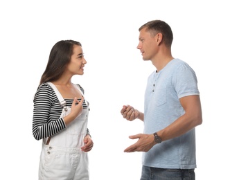 Man and woman talking on white background
