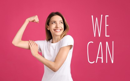 Image of 8 March greeting card. Phrase We Can and strong young woman as symbol of girl power on pink background