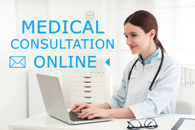 Image of Doctor using laptop at workplace. Medical Consultation Online