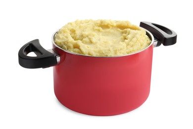 Red pot with tasty mashed potatoes isolated on white
