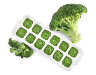 Broccoli puree in ice cube tray and ingredients on white background, top view. Ready for freezing