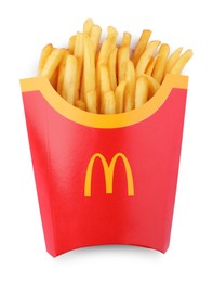 MYKOLAIV, UKRAINE - AUGUST 11, 2021: Big portion of McDonald's French fries isolated on white, top view