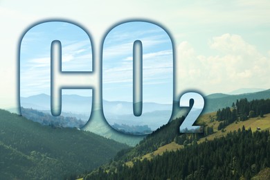 Image of Concept of clear air. CO2 inscription and beautiful mountain landscape 