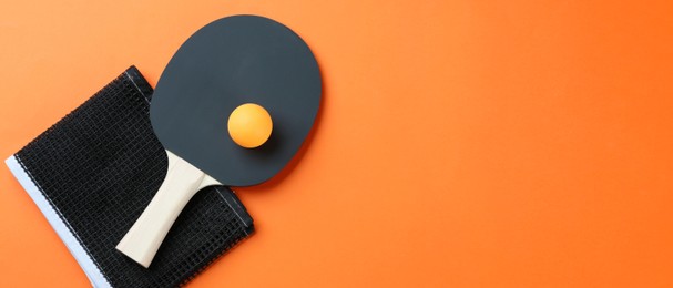 Image of Ping pong racket, net and ball on orange background, flat lay. Space for text. Banner design
