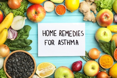 Natural products and note with text HOME REMEDIES FOR ASTHMA on wooden background, flat lay