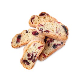 Photo of Slices of tasty cantucci with berry on white background, top view. Traditional Italian almond biscuits