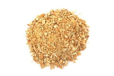 Photo of Pile of dried orange zest seasoning isolated on white, top view