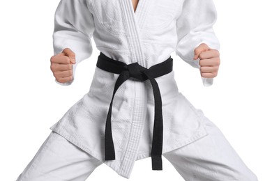 Martial arts master in keikogi with black belt on white background, closeup