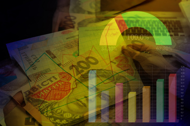 Image of Forex trading. Double exposure of man with Ukrainian money and charts