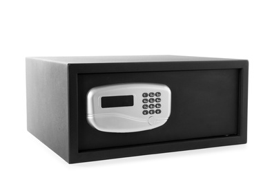 Black steel safe with electronic lock isolated on white