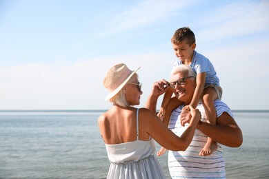 Cute little boy with grandparents spending time together near sea