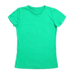 Photo of Stylish green female T-shirt isolated on white, top view