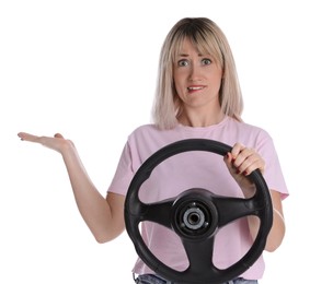 Emotional woman with steering wheel on white background