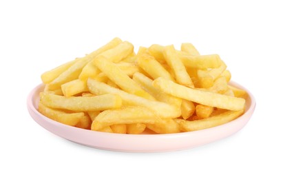 Plate with delicious french fries on white background