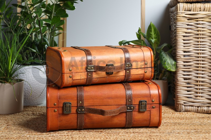 Beautiful brown stylish suitcases on carpet indoors