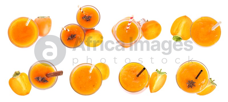 Set with tasty persimmon smoothies on white background, top view. Banner design