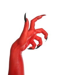 Scary monster on white background, closeup of hand. Halloween character