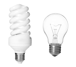 Comparison of two different light bulbs on white background, collage