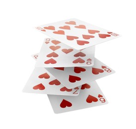 Different playing cards floating on white background. Poker game
