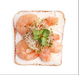 Photo of Delicious toast with cream cheese, shrimps and microgreens isolated on white, top view