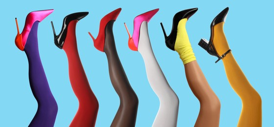 Collage with photos of women showing fashionable collections of stylish shoes, tights and socks on cyan background , closeup view of legs. Banner design