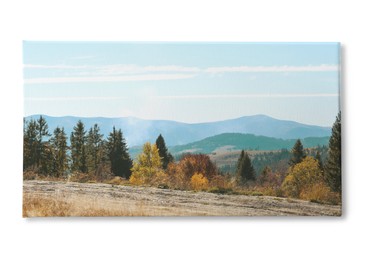 Photo printed on canvas, white background. Picturesque landscape with beautiful forest and mountains